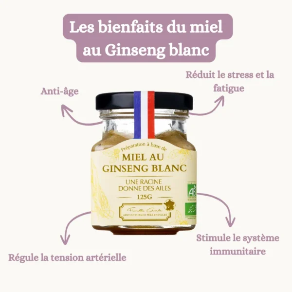 Miel français aux ginsengs blancs 125g - bienfaits pour le bien-être et la vitalité
