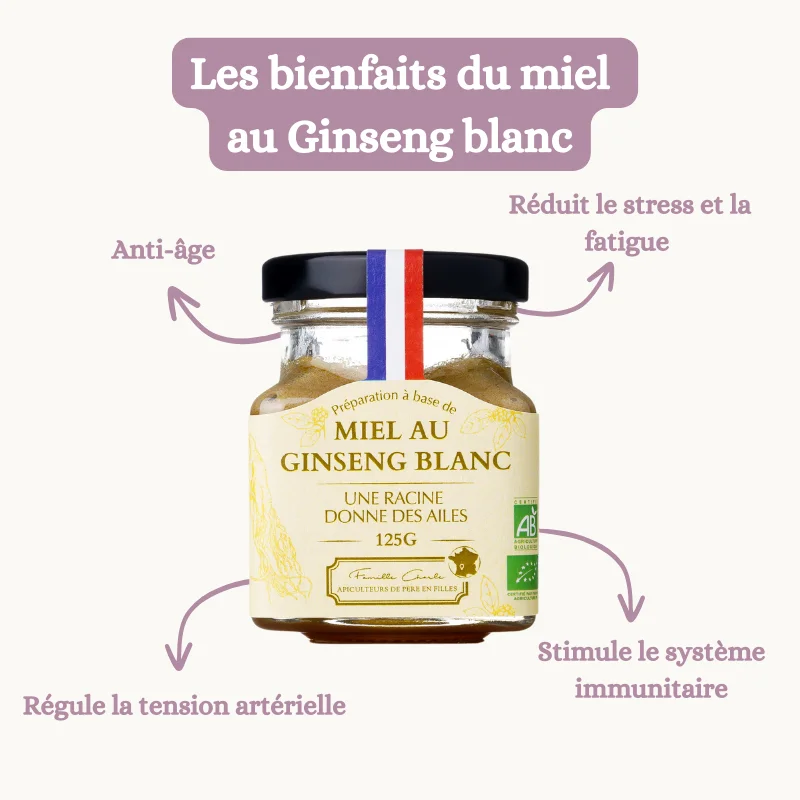 Miel français aux ginsengs blancs 125g - bienfaits pour le bien-être et la vitalité