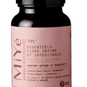 Probiotique flore intime et intestinale MiYé gélules gastro-résistantes pour femme Complément alimentaire naturel équilibre vaginal et digestif souches brevetées SynbAEctive Pilulier flore intime MiYé 60 gélules vegan fabriqué en France ZénuRare