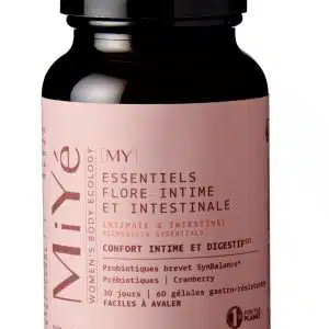 Probiotique flore intime et intestinale MiYé gélules gastro-résistantes pour femme Complément alimentaire naturel équilibre vaginal et digestif souches brevetées SynbAEctive Pilulier flore intime MiYé 60 gélules vegan fabriqué en France ZénuRare