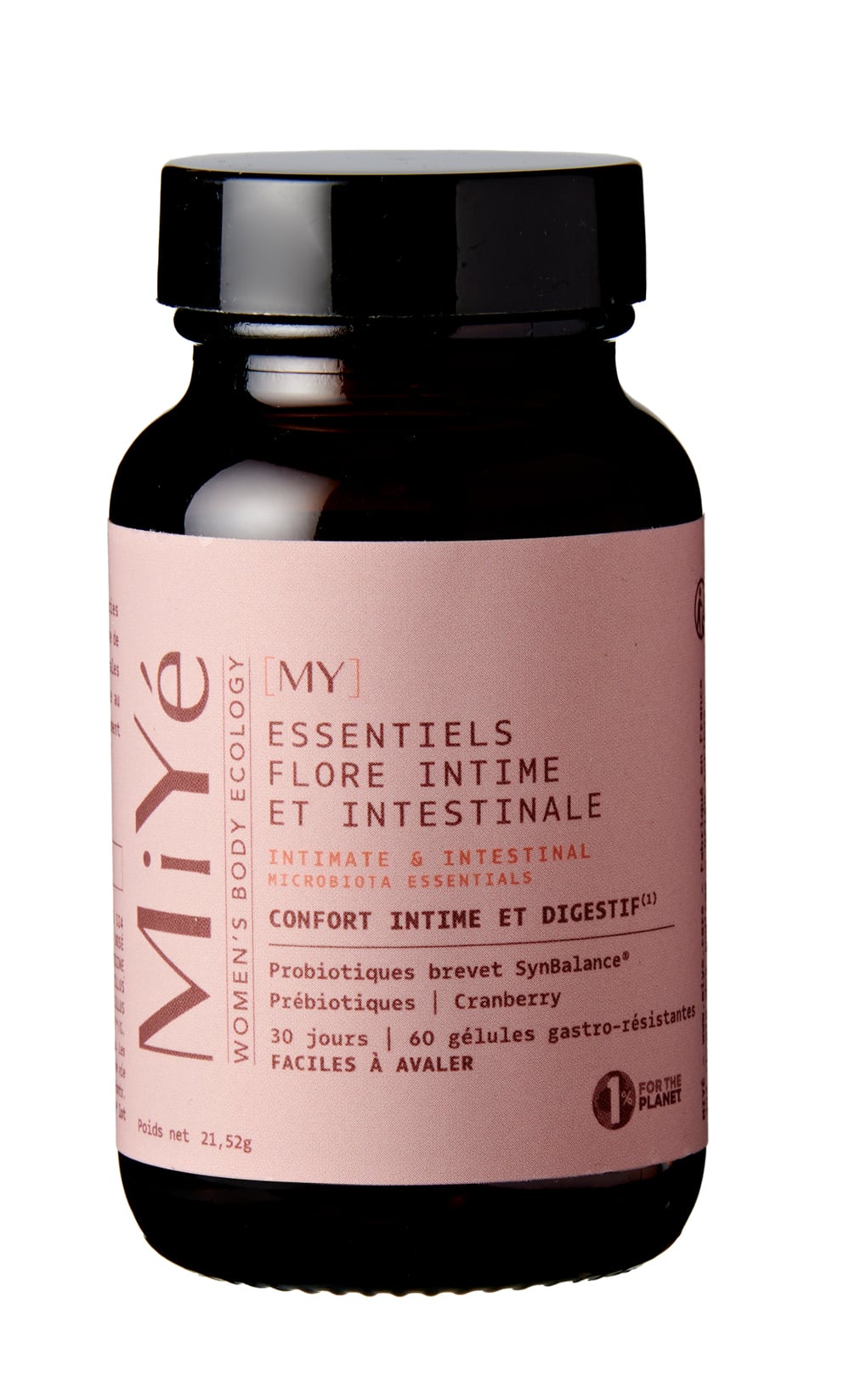 Probiotique flore intime et intestinale MiYé gélules gastro-résistantes pour femme Complément alimentaire naturel équilibre vaginal et digestif souches brevetées SynbAEctive Pilulier flore intime MiYé 60 gélules vegan fabriqué en France ZénuRare