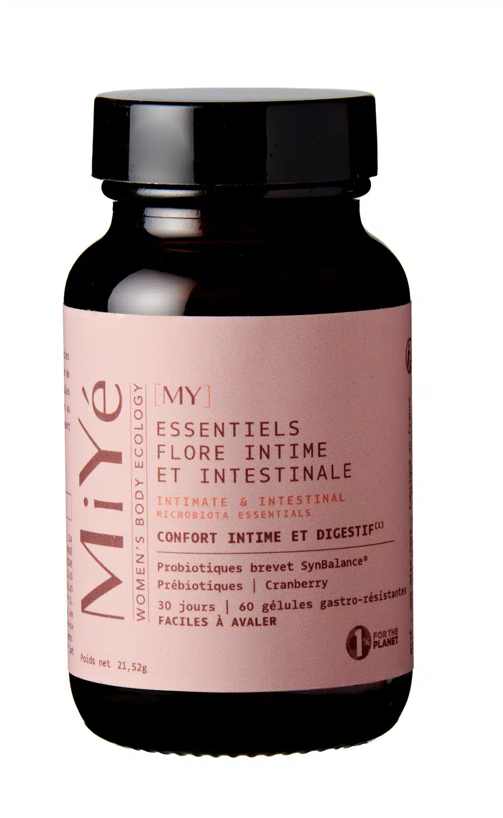 Probiotique flore intime et intestinale MiYé gélules gastro-résistantes pour femme Complément alimentaire naturel équilibre vaginal et digestif souches brevetées SynbAEctive Pilulier flore intime MiYé 60 gélules vegan fabriqué en France ZénuRare