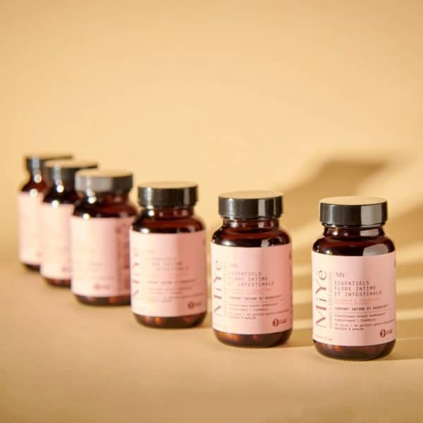 Probiotique flore intime et intestinale MiYé gélules gastro-résistantes pour femme Complément alimentaire naturel équilibre vaginal et digestif souches brevetées SynbAEctive Pilulier flore intime MiYé 60 gélules vegan fabriqué en France ZénuRare
