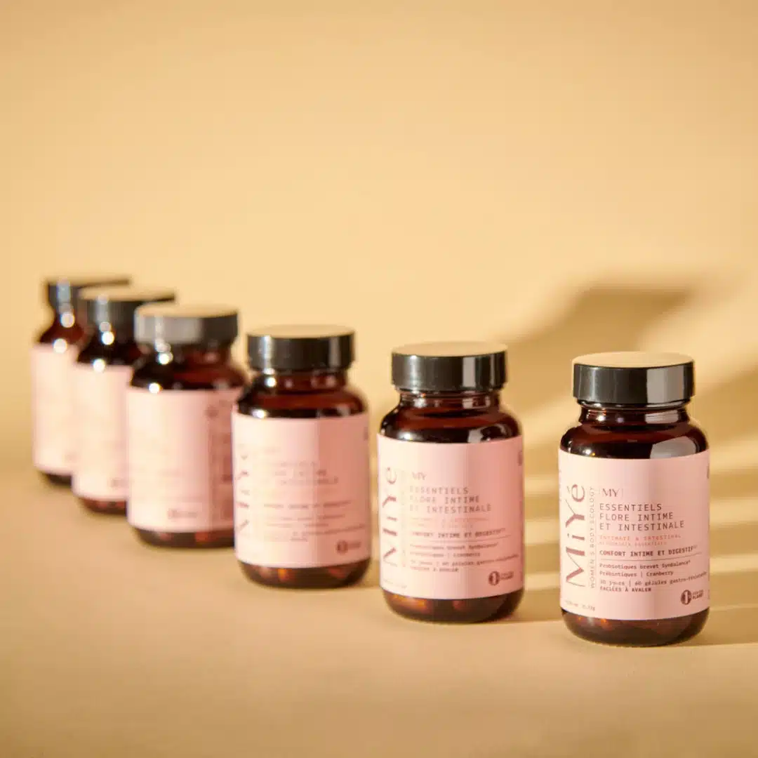 Probiotique flore intime et intestinale MiYé gélules gastro-résistantes pour femme Complément alimentaire naturel équilibre vaginal et digestif souches brevetées SynbAEctive Pilulier flore intime MiYé 60 gélules vegan fabriqué en France ZénuRare