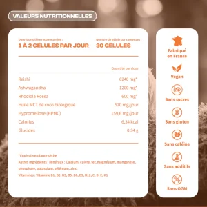 Anti-stress rieshi ashwagandha rhodiola huile mct - MushNgo, complément naturel pour bien-être et relaxation.