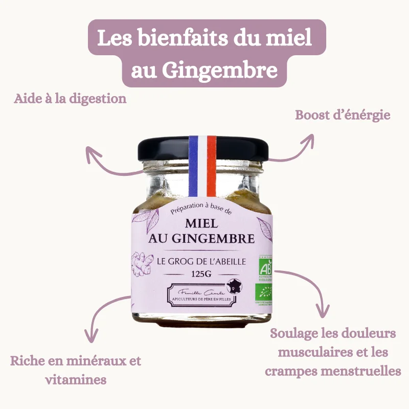 Miel français au gingembre 125g - bienfaits pour le bien-être et la vitalité