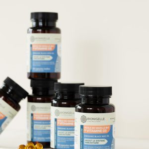Huile de nigelle bio et vitamine d3 60 gélules - Bionigelle, complément naturel pour bien-être et immunité.