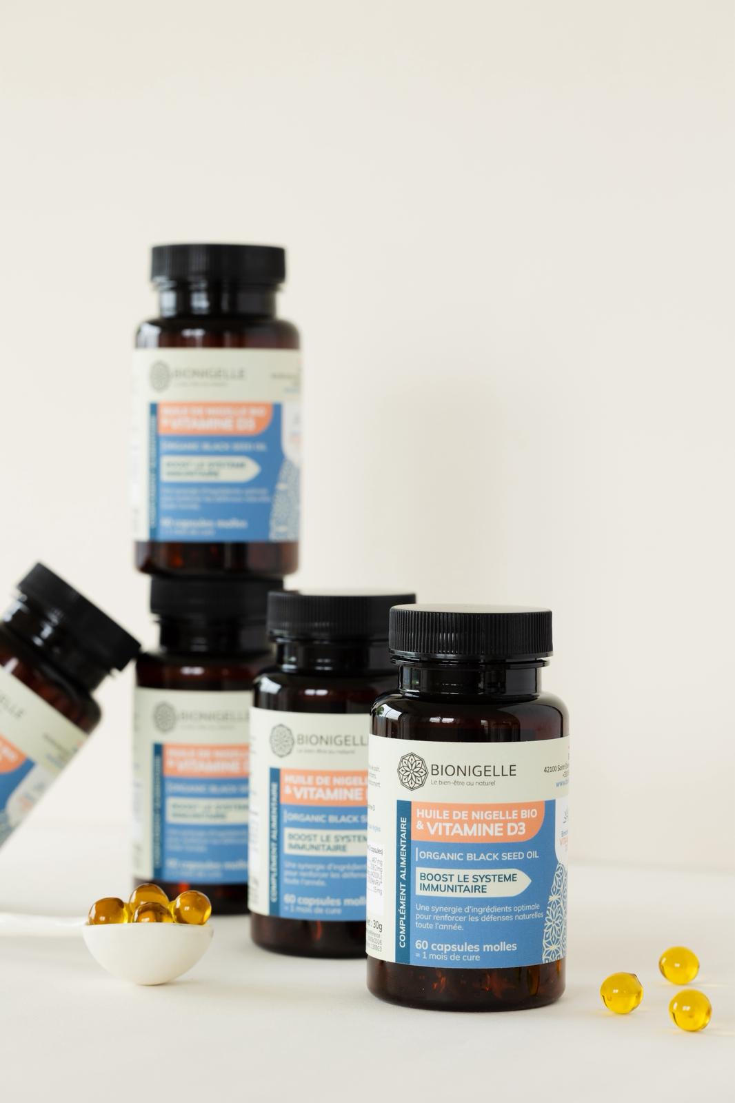 Huile de nigelle bio et vitamine d3 60 gélules - Bionigelle, complément naturel pour bien-être et immunité.
