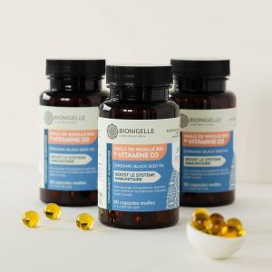 Huile de nigelle bio et vitamine d3 60 gélules - Bionigelle, complément naturel pour bien-être et immunité.