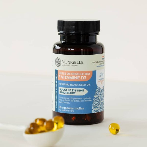 Huile de nigelle bio et vitamine d3 60 gélules - Bionigelle, complément naturel pour bien-être et immunité.